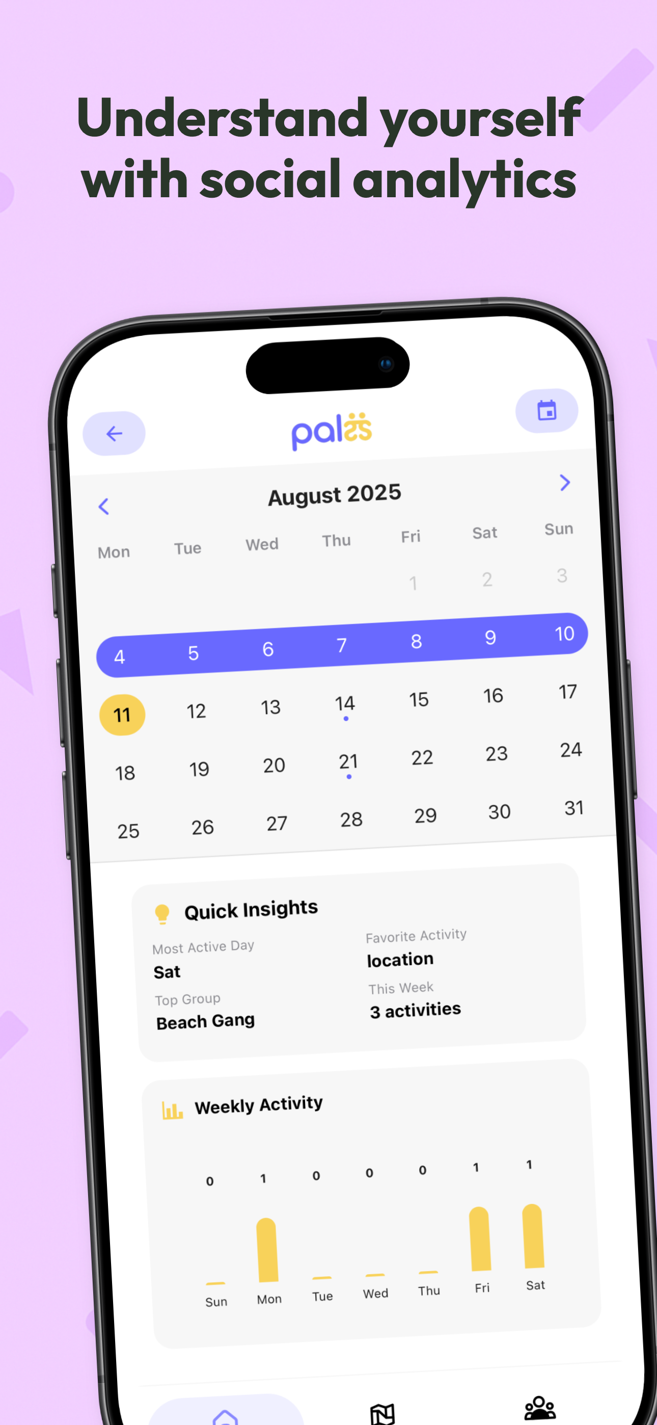 Social analytics and insights showing calendar, quick insights, and weekly activity